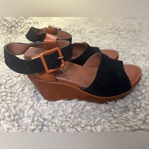 KORK-EASE Wedge sandal 7 black suede and brown leather **new**